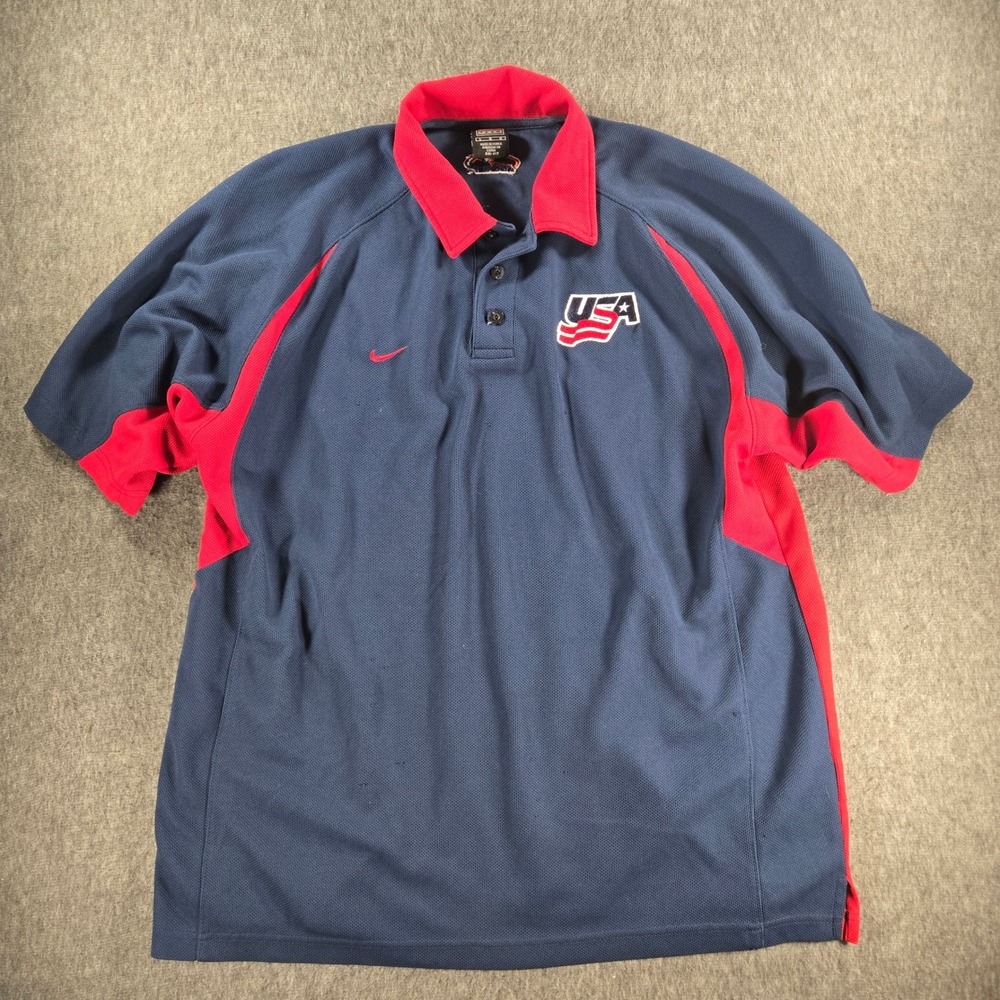Vintage Nike USA Hockey Polo Mens Large Navy Blue Red Dri-Fit Olympic Team